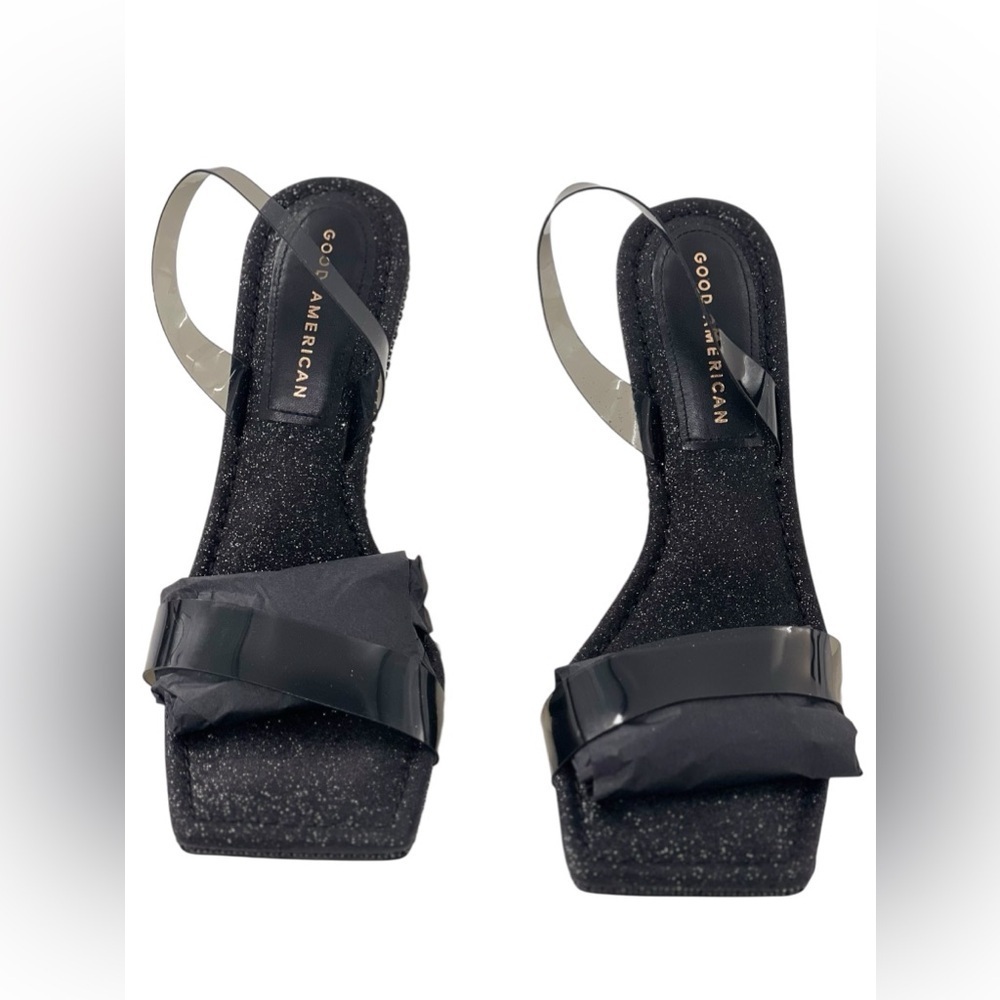 NIB Good American Black Glitter Lucite Sling Back w/ Rhinestone Accents 5.5
